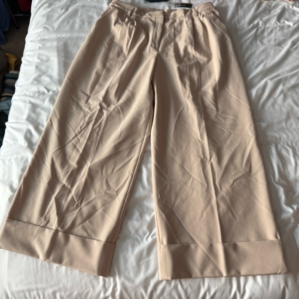 Express Tan Wide Leg Super High Rise Cuffed Pants